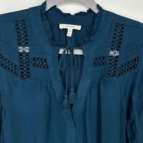 3/$25 Maurices Peasant Blouse Top XS Lace Tassel Ruffle Trim Short Sleeve Teal - Picture 6 of 7